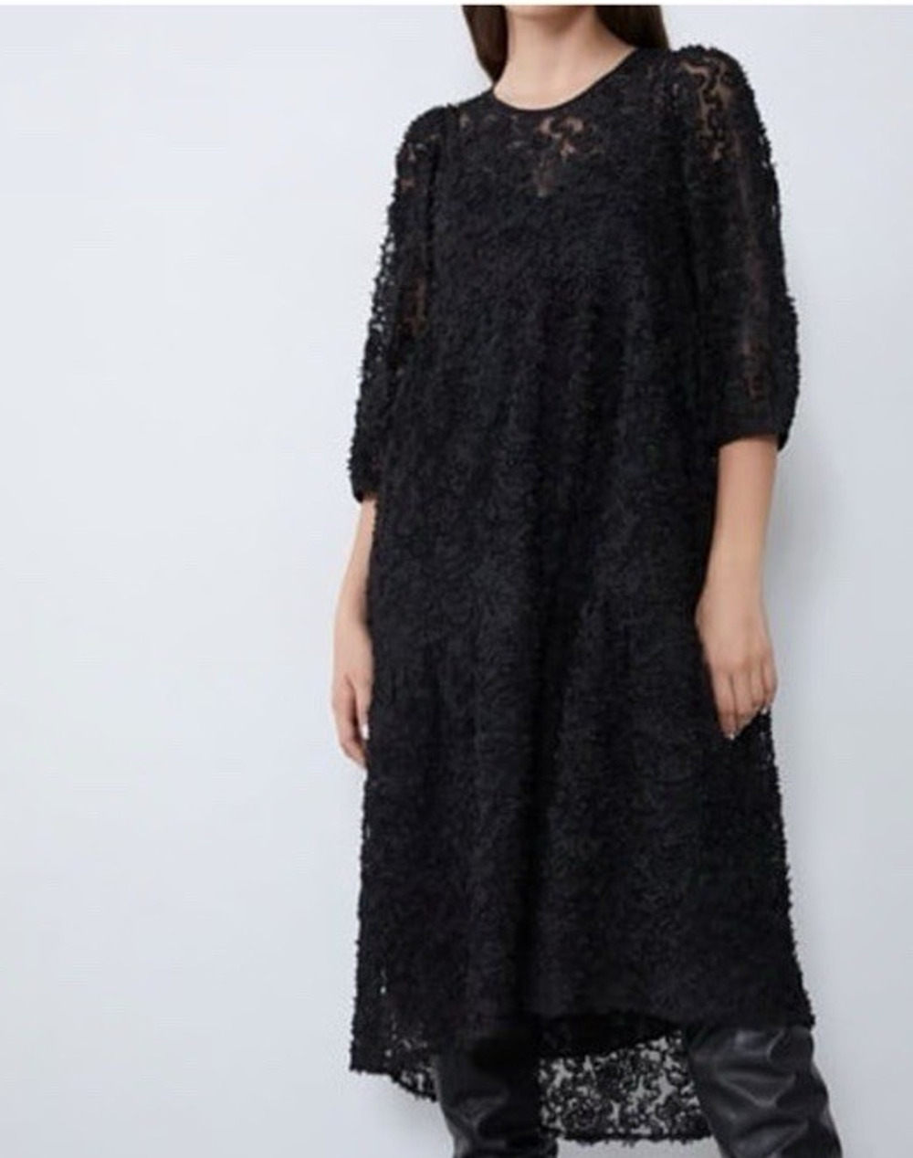 Zara Dress XS Black Mid Aline Crew Neck Textured Semi Sheer Voluminous